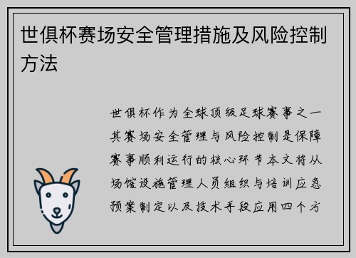 世俱杯赛场安全管理措施及风险控制方法