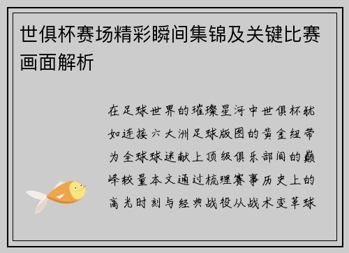 世俱杯赛场精彩瞬间集锦及关键比赛画面解析